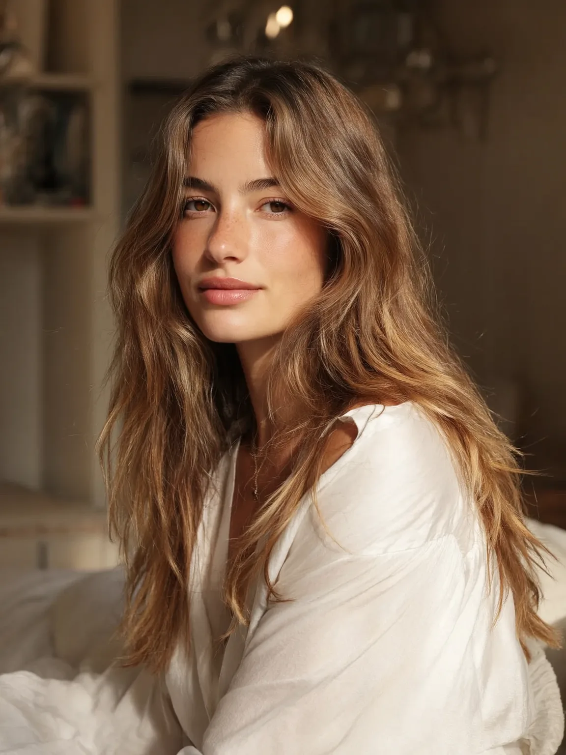 Sunlit Golden Brown Long Layers with Curtain Bangs